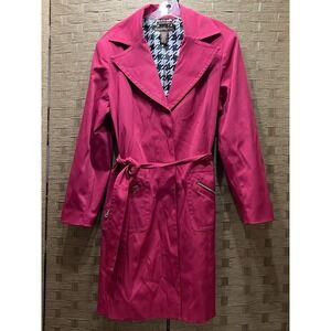 Bandolino Women's Trench Coat Sz XL Hot Pink w/ Houndstooth Lining Belt Exc Cond